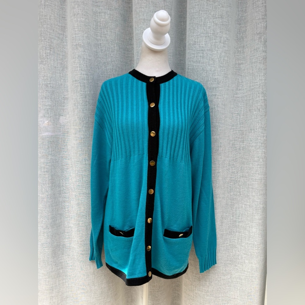 Mondi turquoise sky blue  black trim button down cardigan